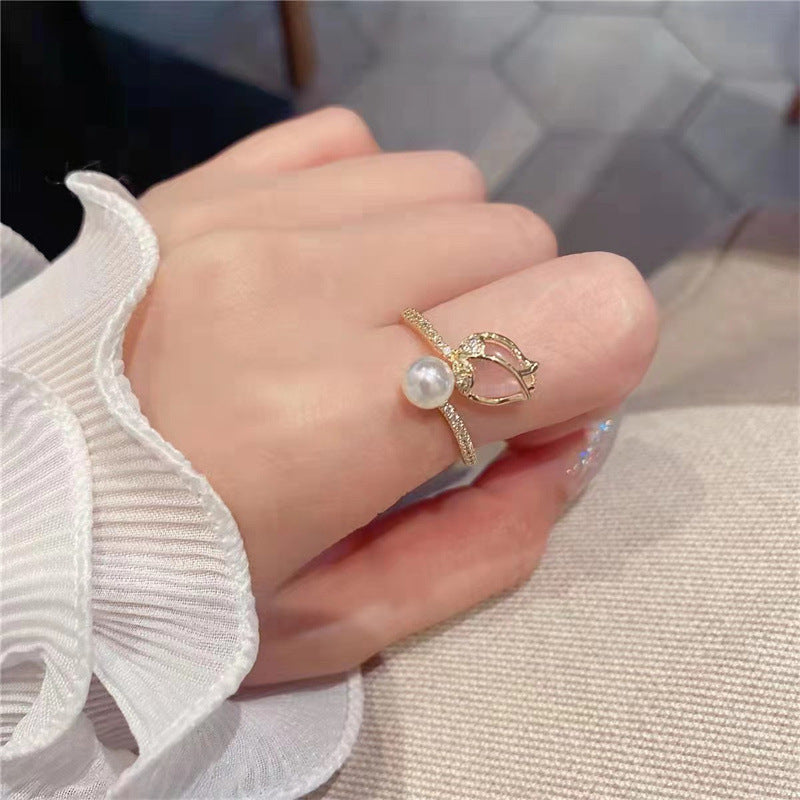 UNI-12620 - Pink Tulip Flower & Pearl - Ring
