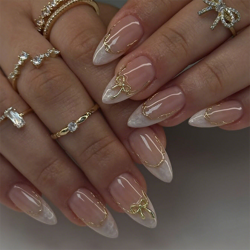 N-385 - Pink & Gold Bow - Press On Nail Set Of 24 - Free 24 Pcs Sticker Sheet Included