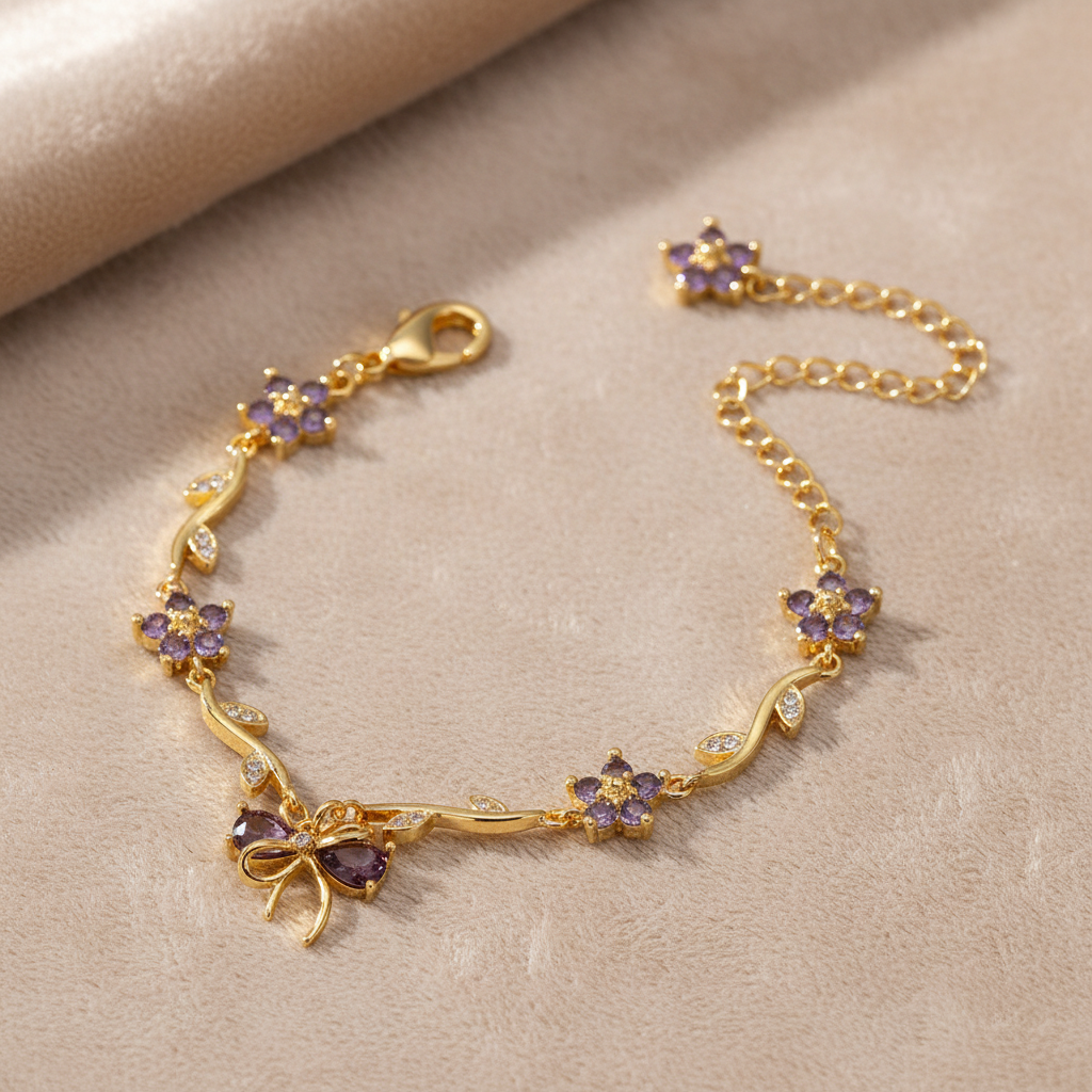 UNI-12208 - Purple Diamond Bow & Flowers Gold - Bracelet