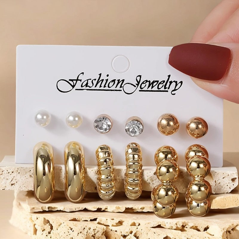 UNI-12043 - Classy Diamond & Gold Foil Series Hoop - Earrings Set Style 3