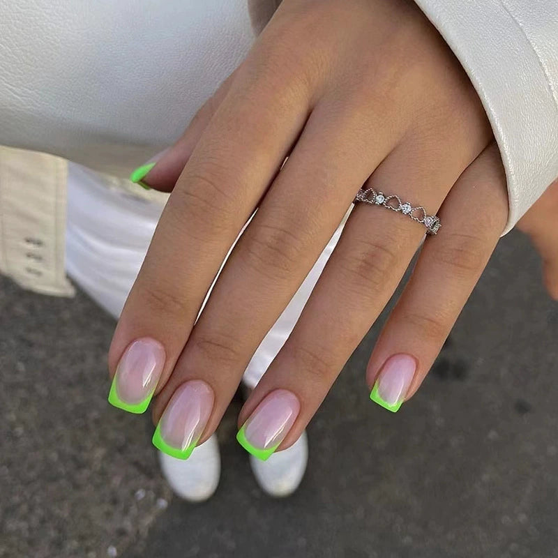 N-504 - Neon Green Line - Press On Nail Set Of 24 - Free 24 Pcs Sticker Sheet Included