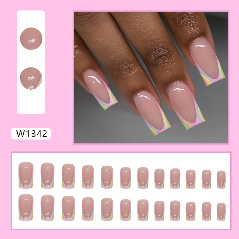 N-487 - Rainbow & Pink - Press On Nail Set Of 24 - Free 24 Pcs Sticker Sheet Included