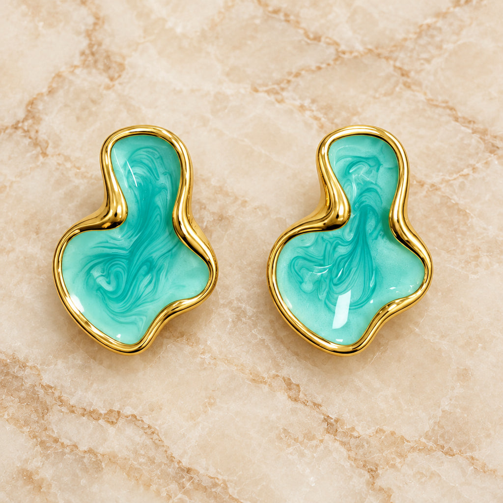 UNI-12870 - Irregular Lake Blue Marbled Gold Foil - Earring