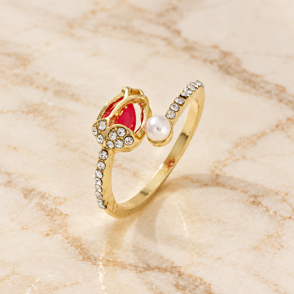 UNI-12622 - Red Tulip Flower & Pearl - Ring