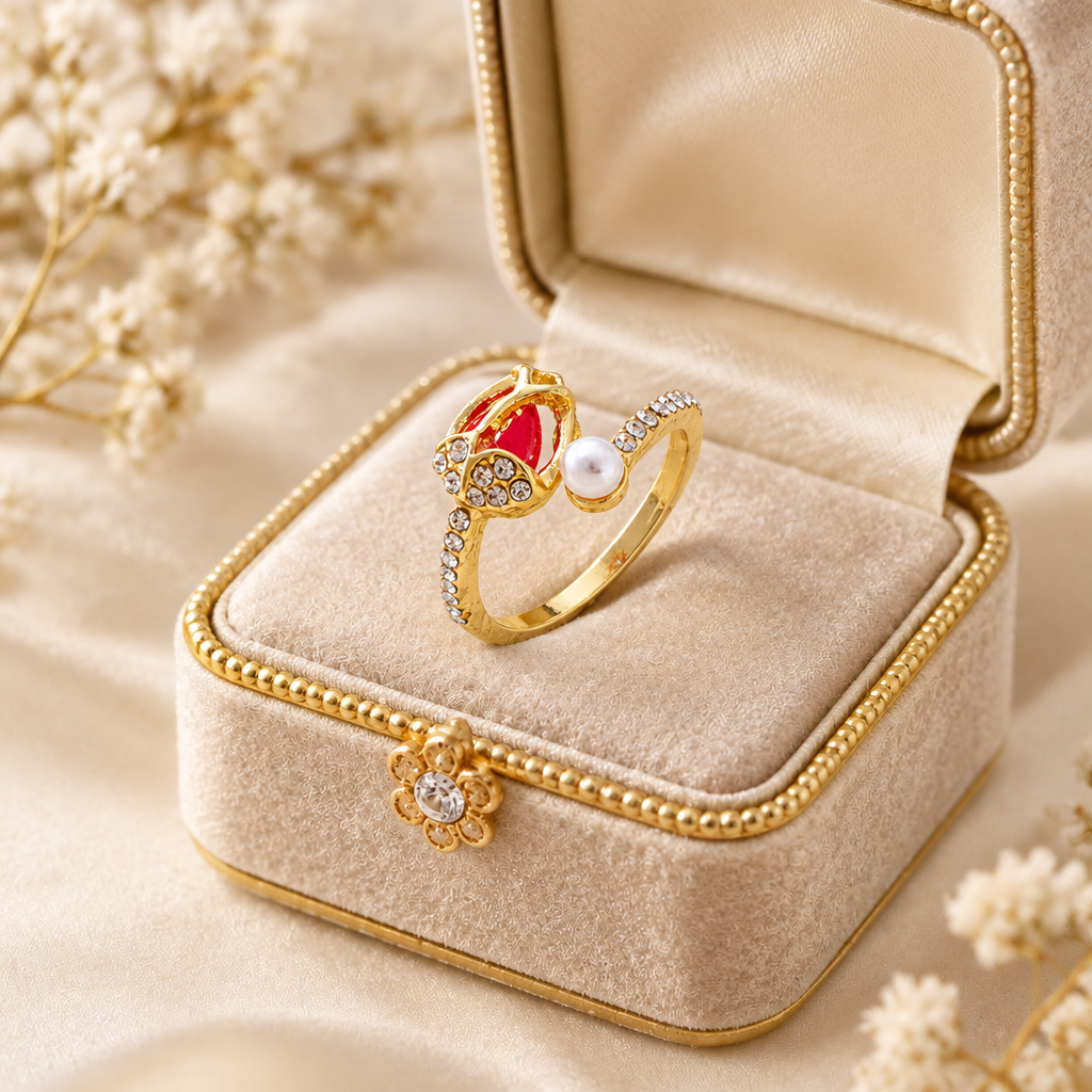 UNI-12622 - Red Tulip Flower & Pearl - Ring
