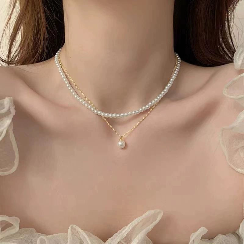 UNI-12302 - Double Layer Pearl Gold - Necklace Set of 2