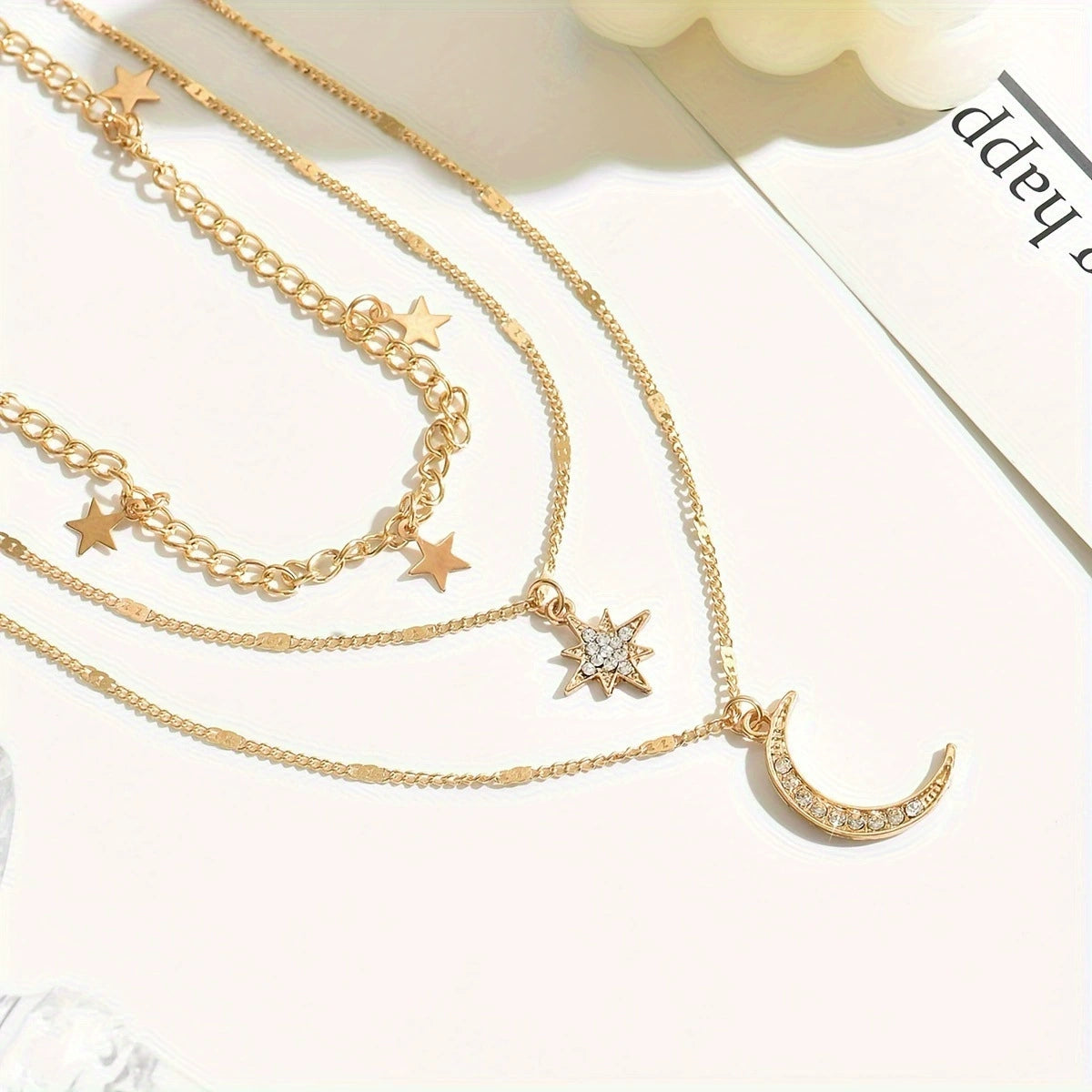 UNI-12689 - 3 Layered Moon & Star Gold - Necklace