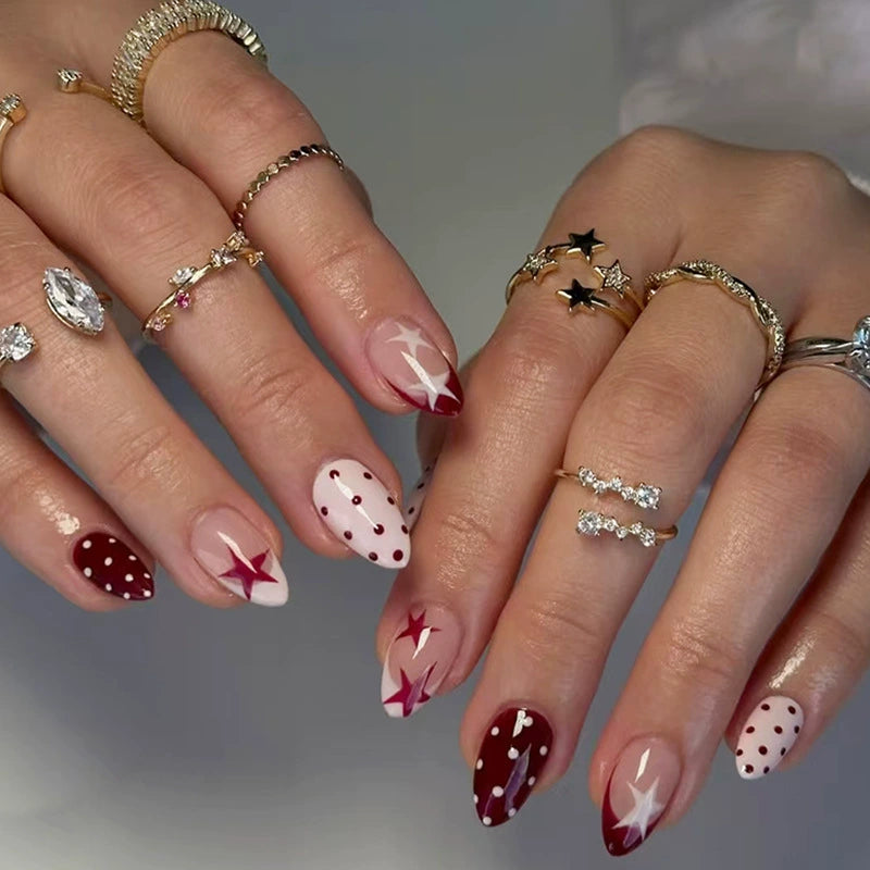 N-500 - Polka & Star Pink - Press On Nail Set Of 24 - Free 24 Pcs Sticker Sheet Included