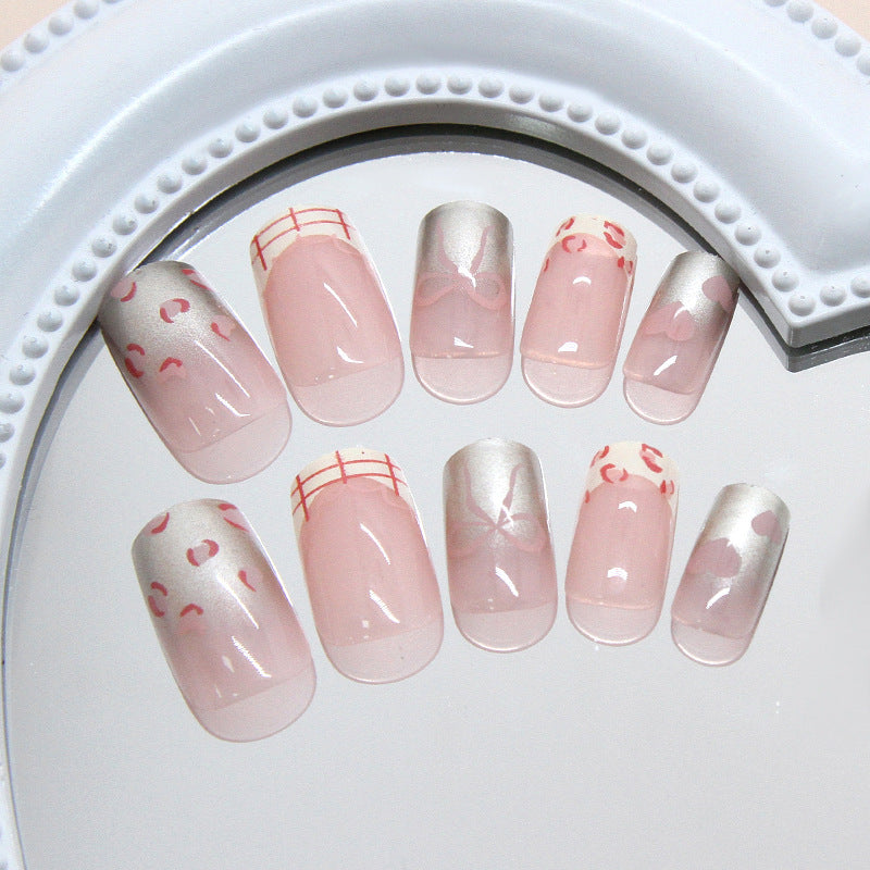 N-154 - Bow & Shiny Pink - Press On Nail Set Of 24 - Free 24 Pcs Sticker Sheet Included