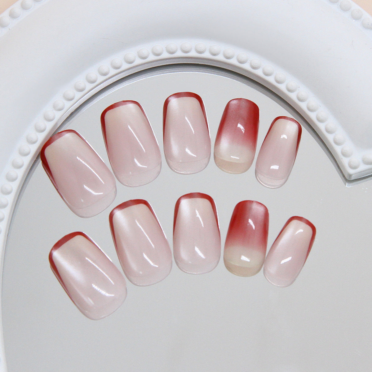 N-305 - Pastel Red Line - Press On Nail Set Of 24 - Free 24 Pcs Sticker Sheet Included