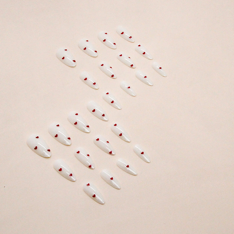 N-397 - Red Mini Heart - Press On Nail Set Of 24 - Free 24 Pcs Sticker Sheet Included