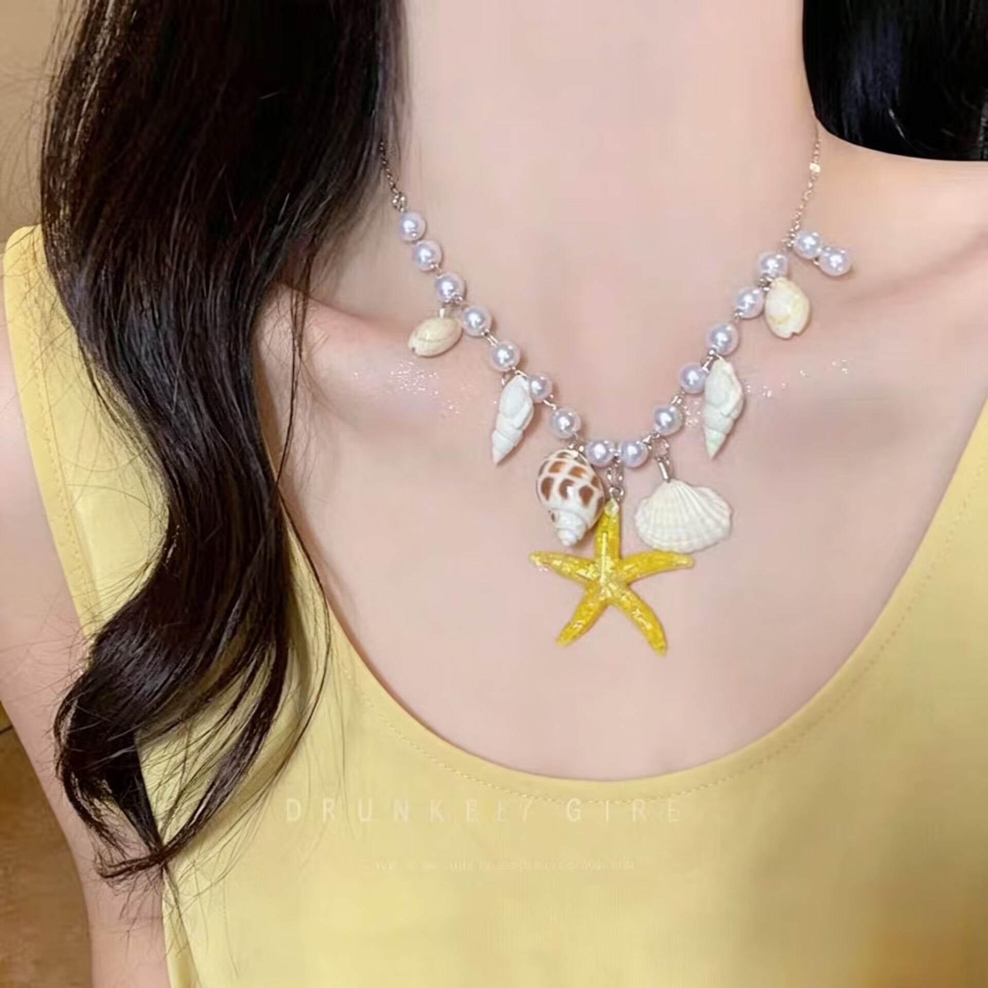 UNI-10977-5 - Pearls & Yellow Star Fish Charms - Necklace