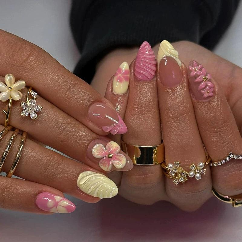 N-365 - Pink Flower - Press On Nail Set Of 24 - Free 24 Pcs Sticker Sheet Included