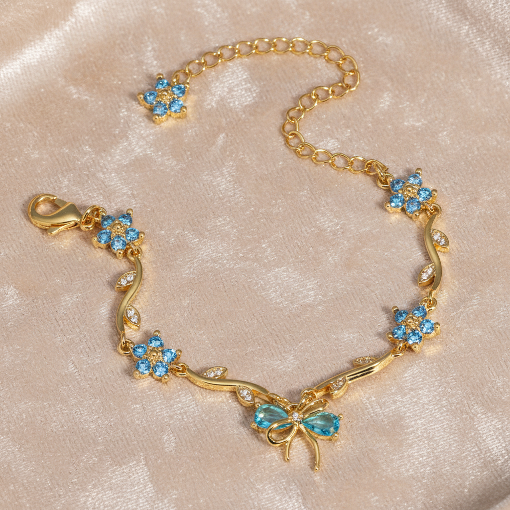 UNI-12212 - Blue Diamond Bow & Flowers Gold - Bracelet