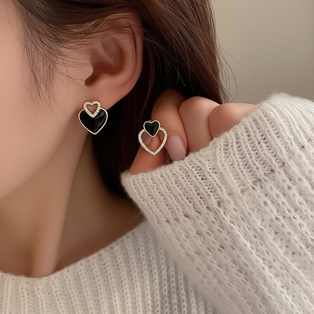 UNI-12335-1 - Black Marbled Heart - Earrings