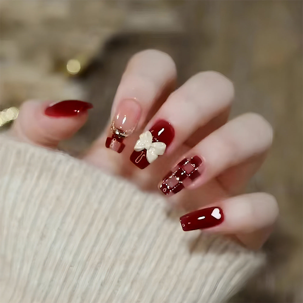 N-327 - Fancy Bow Red Shiny - Press On Nail Set Of 24 - Free 24 Pcs Sticker Sheet Included