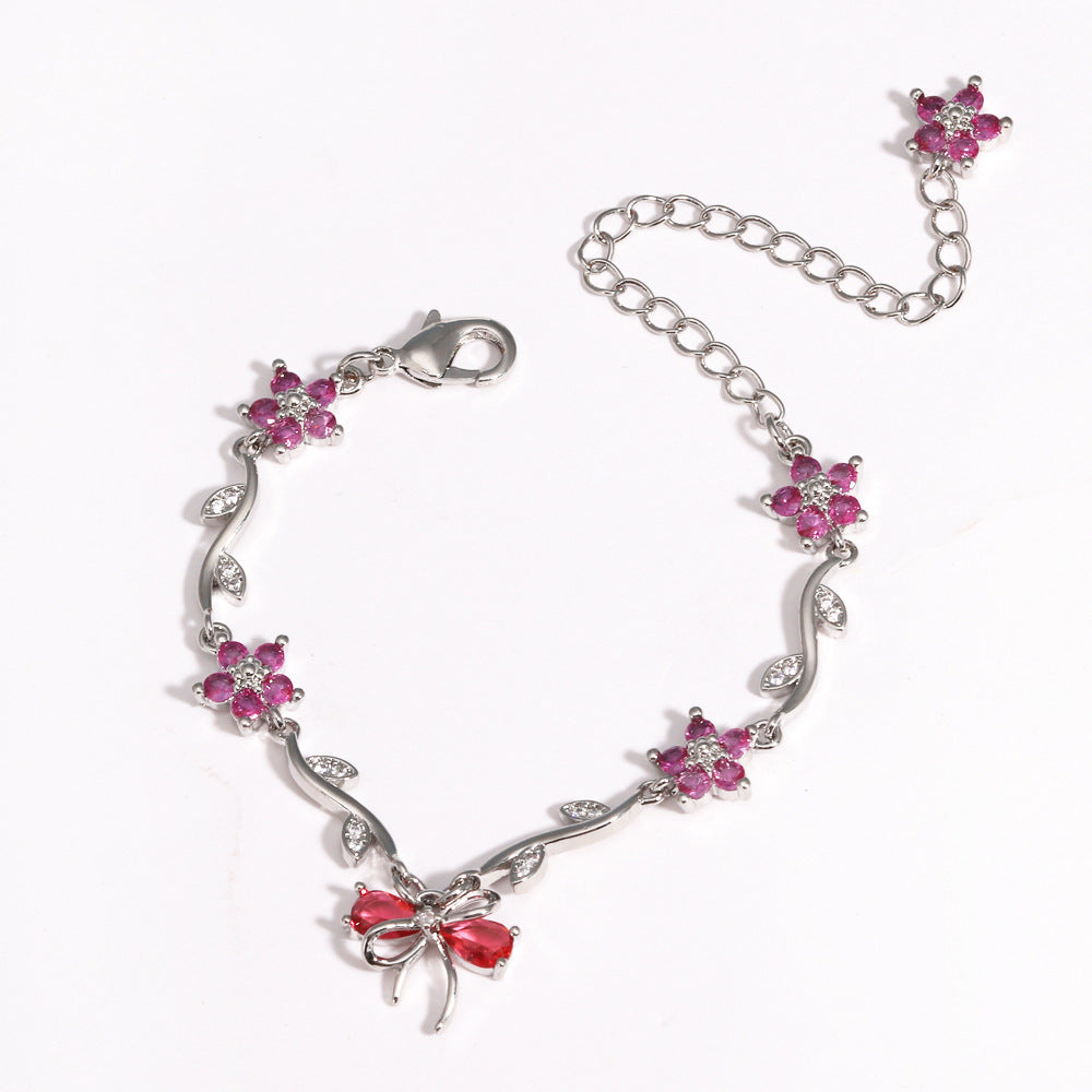 UNI-12215 - Hot Pink Diamond Bow & Flowers Silver - Bracelet