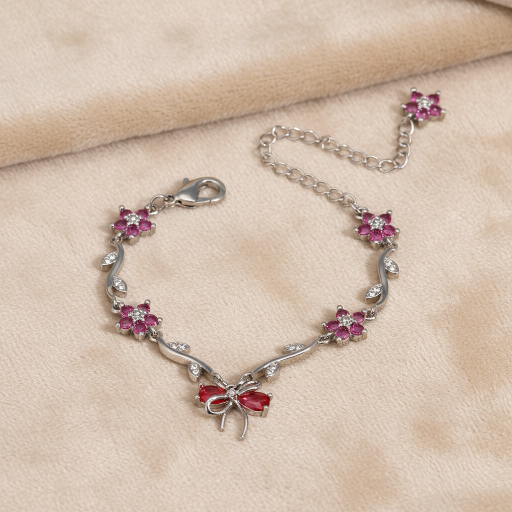 UNI-12215 - Hot Pink Diamond Bow & Flowers Silver - Bracelet
