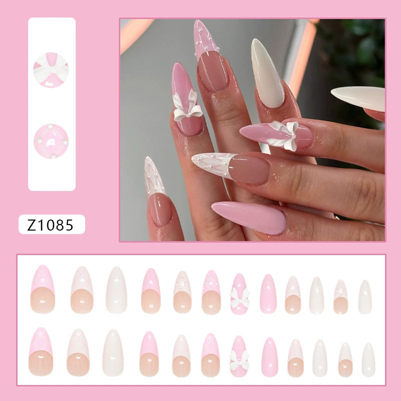 N-474 - Pink Girl Bow - Press On Nail Set Of 24 - Free 24 Pcs Sticker Sheet Included