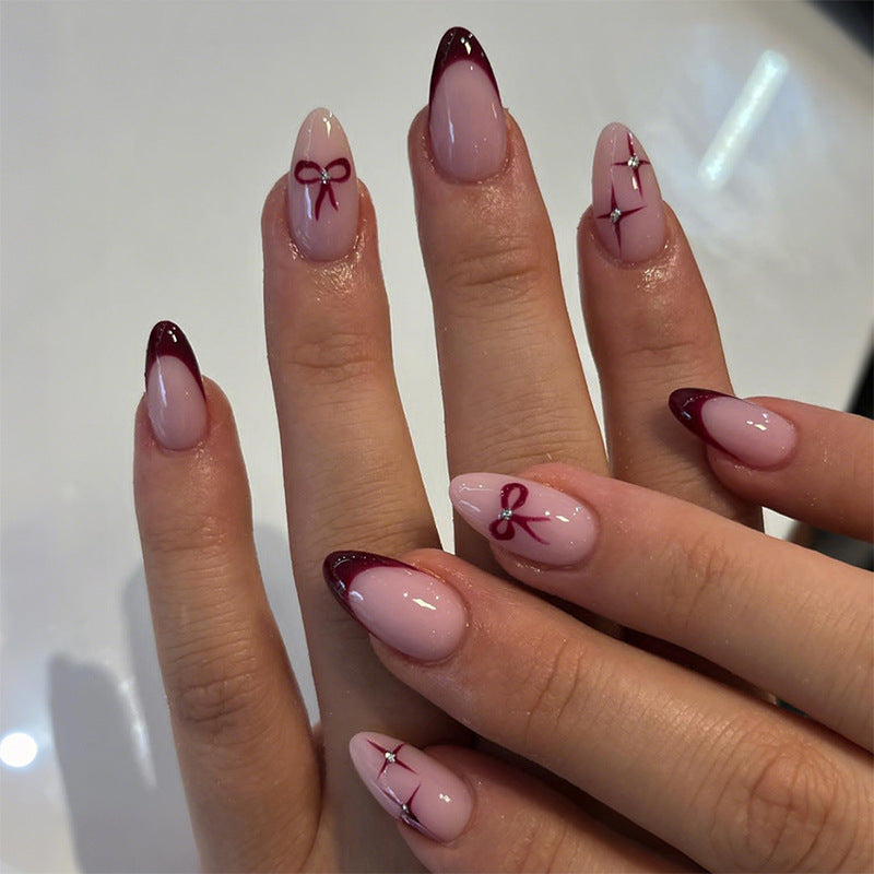 N-221 - Maroon Bow & Sparkle Pink - Press On Nail Set Of 24 - Free Nail Kit Included