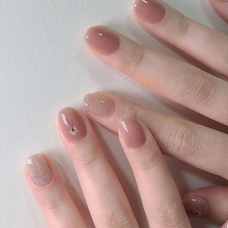 N-110 - Glitter Pink & Flower - Press On Nail Set Of 24