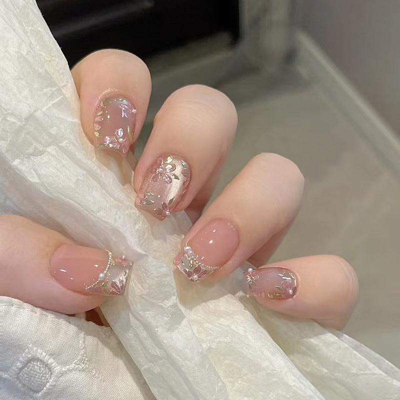 N-274 - Peach Flower - Press On Nail Set Of 24 - Free 24 Pcs Sticker Sheet Included