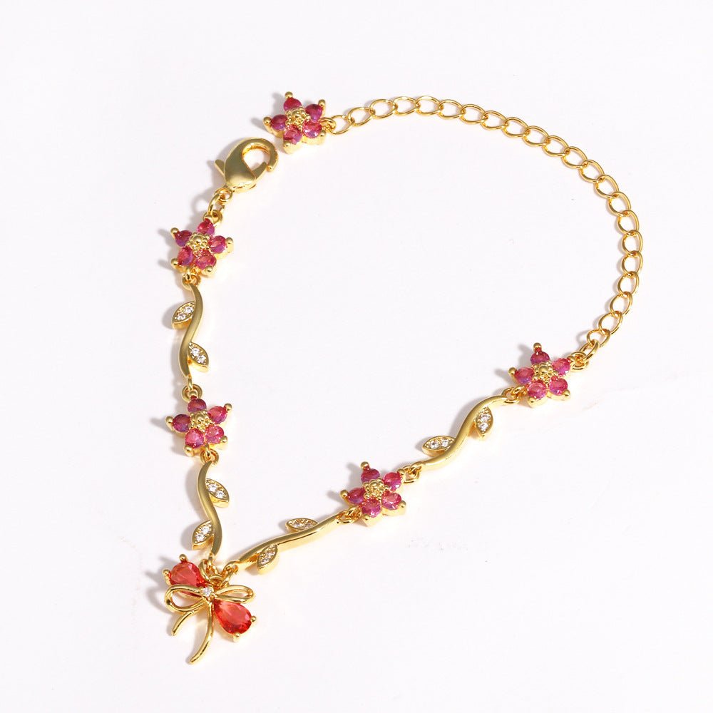 UNI-12214 - Hot Pink Diamond Bow & Flowers Gold - Bracelet