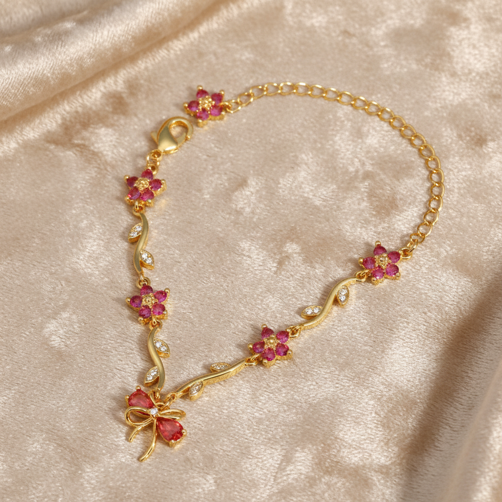 UNI-12214 - Hot Pink Diamond Bow & Flowers Gold - Bracelet