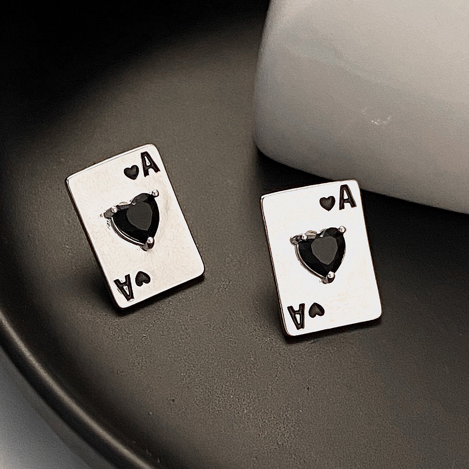 UNI-10972 - Ace Of Spade Black Diamond & Silver - Earring