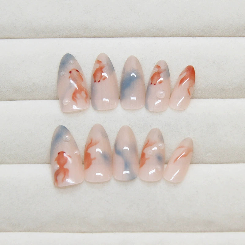 N-490 - Goldfish - Press On Nail Set Of 24 - Free 24 Pcs Sticker Sheet Included