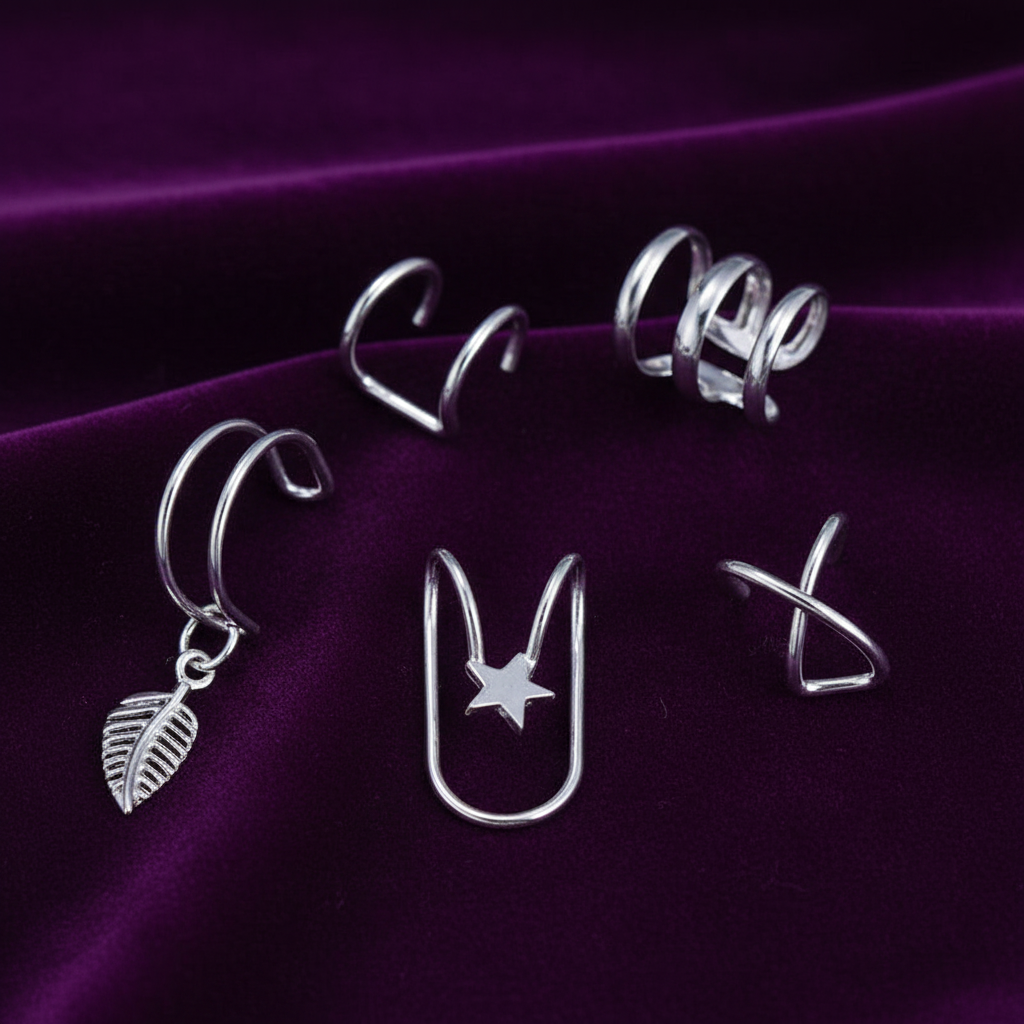 UNI- 11188 - Classy Silver Foil Ear Cuff - Earring Set of 5