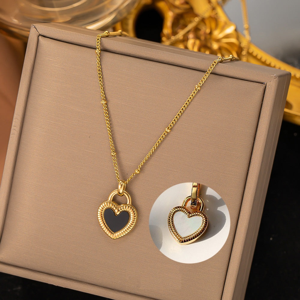 SS-10826 - Double Side Black & White Heart Gold - Necklace