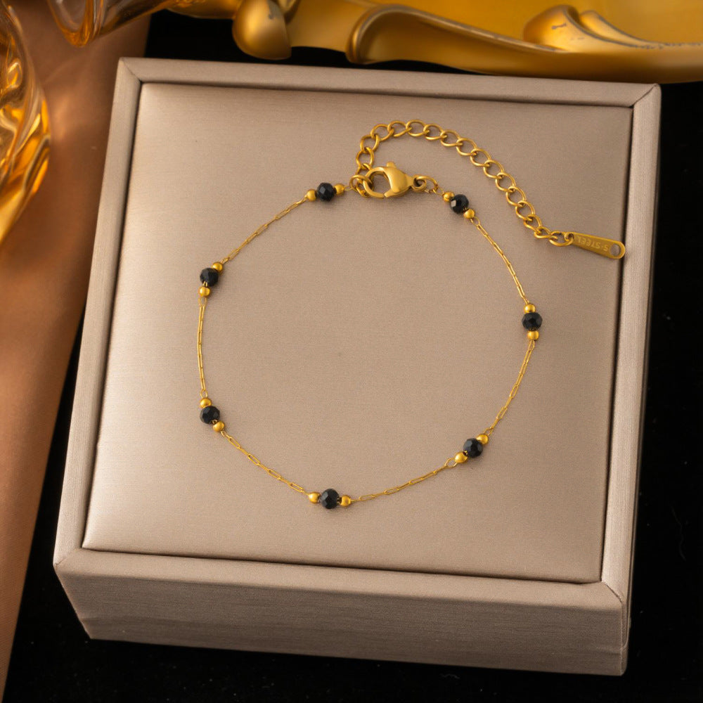 SS-12524 - Black Beads & Gold Chain - Bracelet