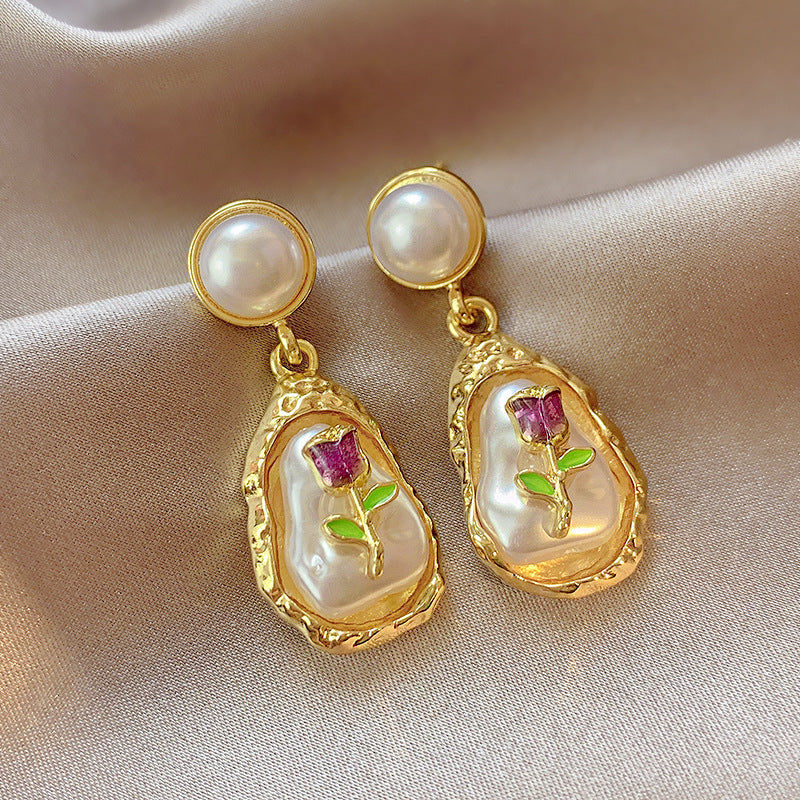 UNI-12060 - Luxury Pearly Oil Painting Monet Garden Gold - Earring