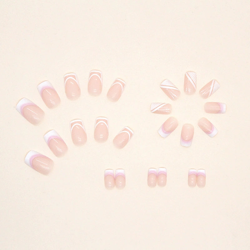 N-455 - Pink & White Lined - Press On Nail Set Of 24 - Free 24 Pcs Sticker Sheet Included