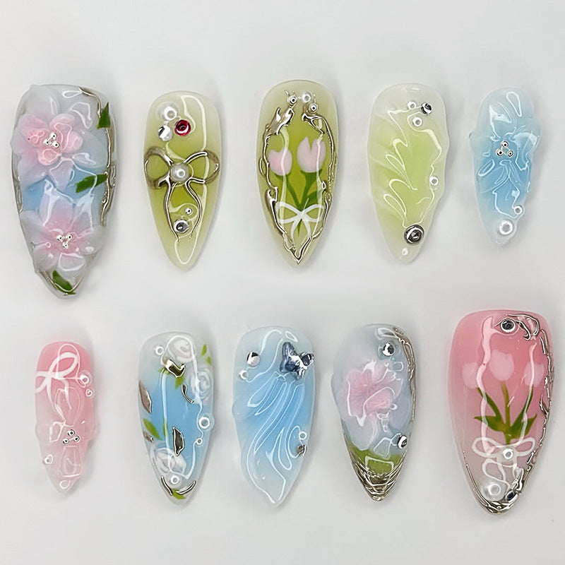 N-381 - Shiny Oil Painting - Press On Nail Set Of 30 - Free 24 Pcs Sticker Sheet Included