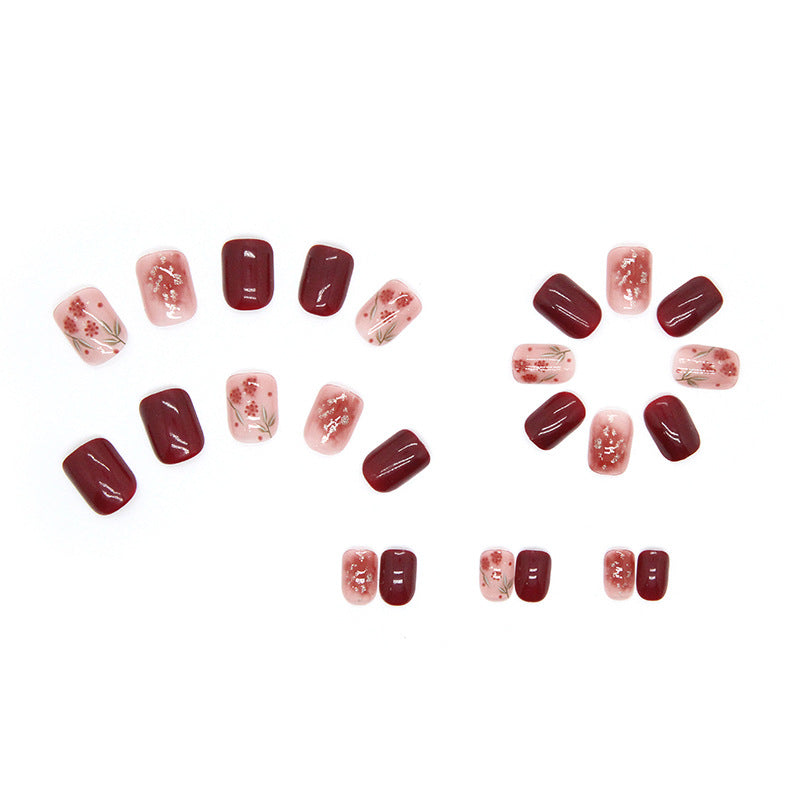 N-193 -  Shiny Maroon Flowers   - Press On Nail Set Of 24