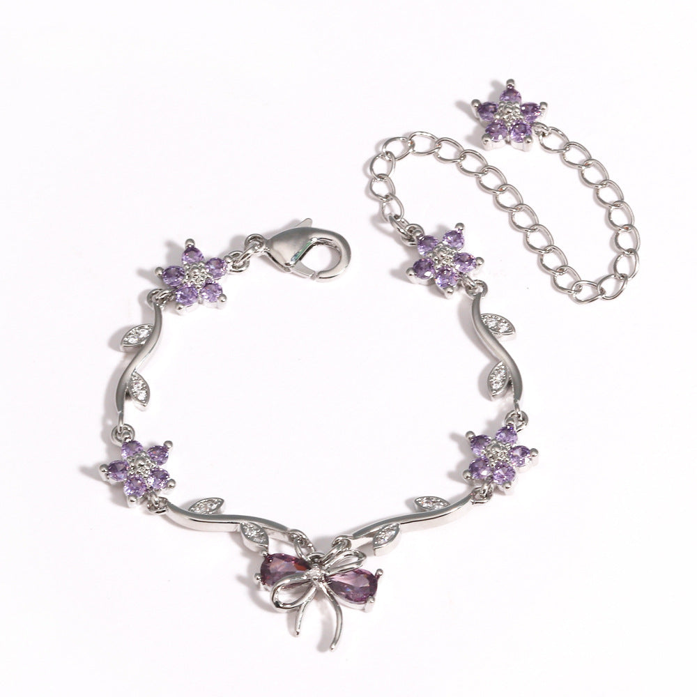 UNI-12209 - Purple Diamond Bow & Flowers Silver - Bracelet