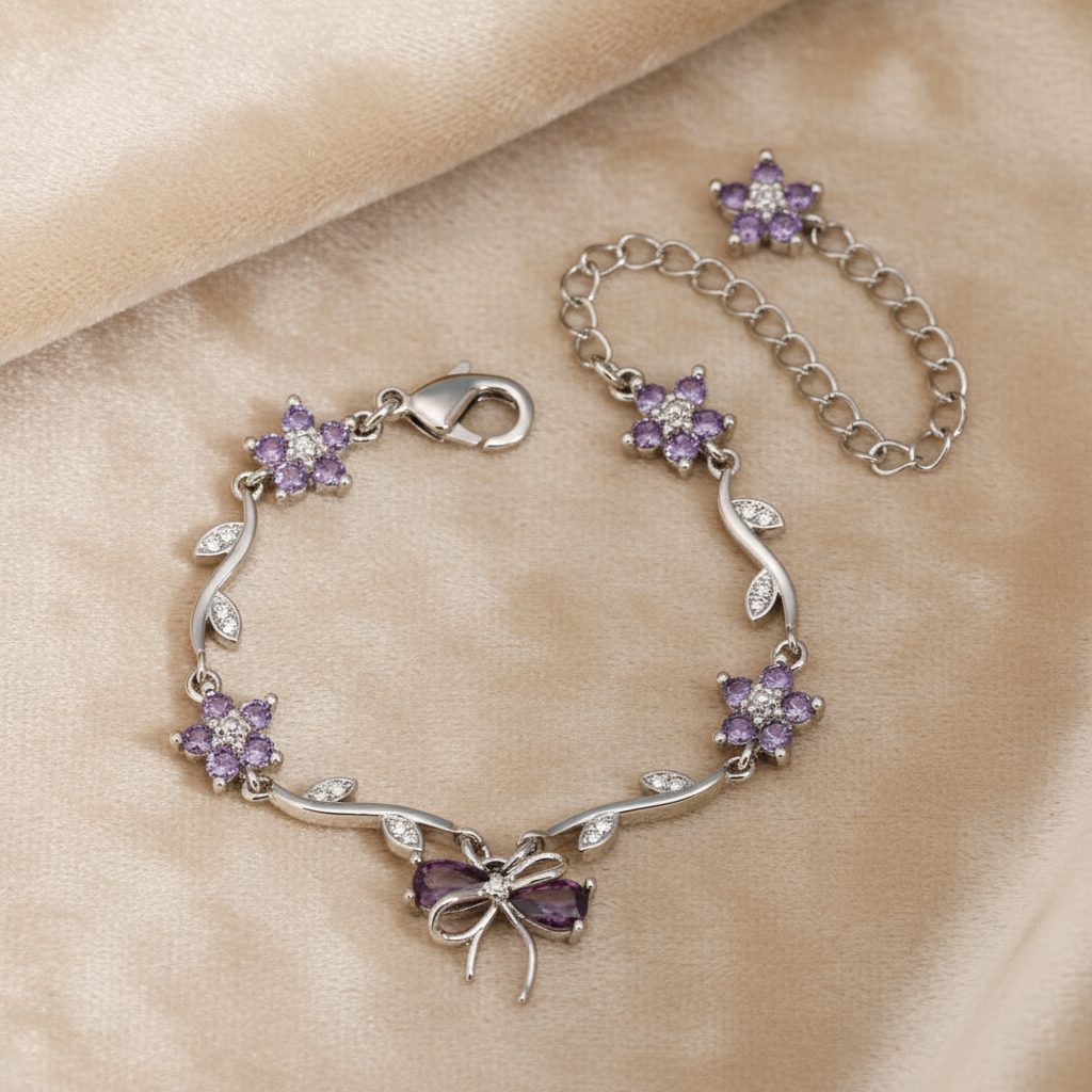 UNI-12209 - Purple Diamond Bow & Flowers Silver - Bracelet