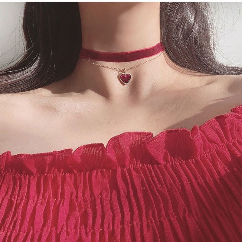 UNI-10985 - Velvet Neck Maroon Heart - Necklace