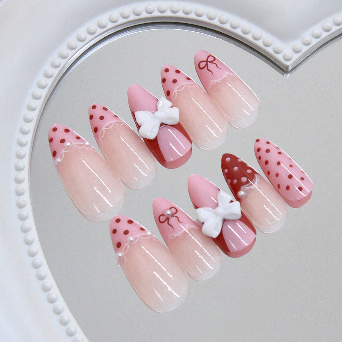 N-496 - Bow & Polka Pink - Press On Nail Set Of 24 - Free 24 Pcs Sticker Sheet Included