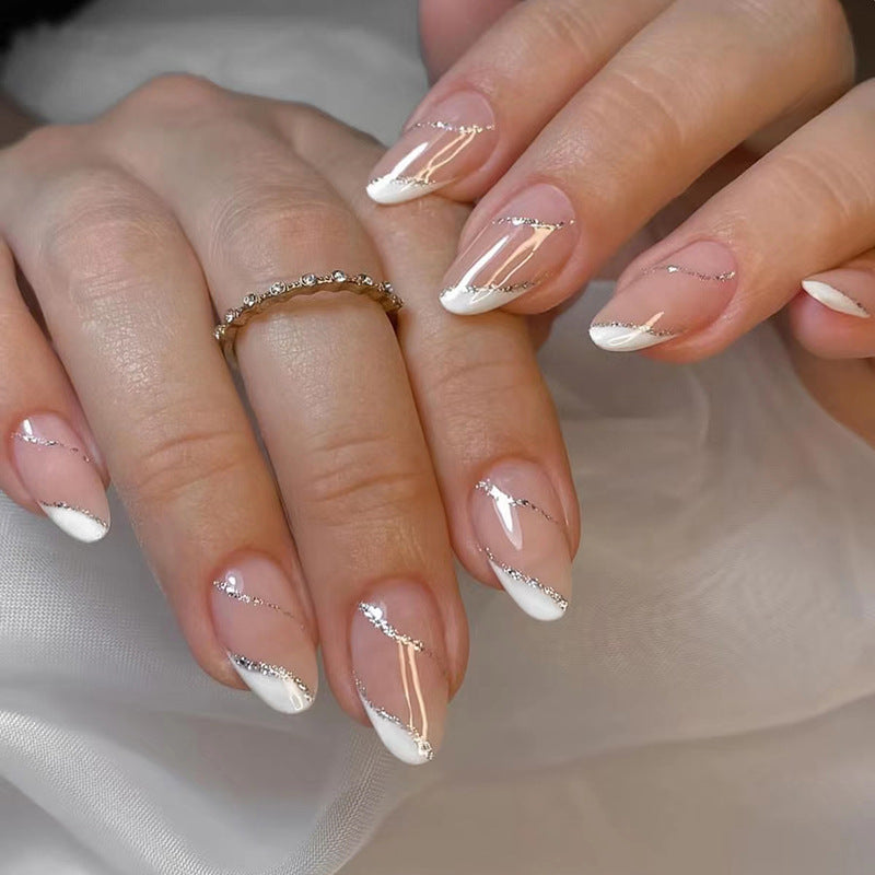 N-363 -Silver Foil Peach - Print Press On Nail Set Of 24 - Free 24 Pcs Sticker Sheet Included
