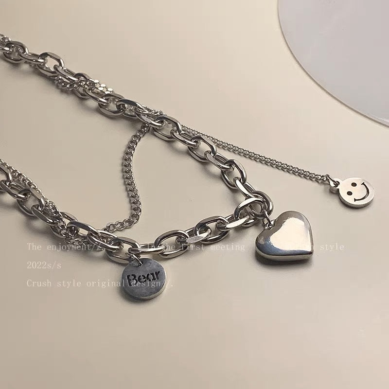 UNI-11965 - Titanium Steel Heart Silver Double Layer Chain - Necklace