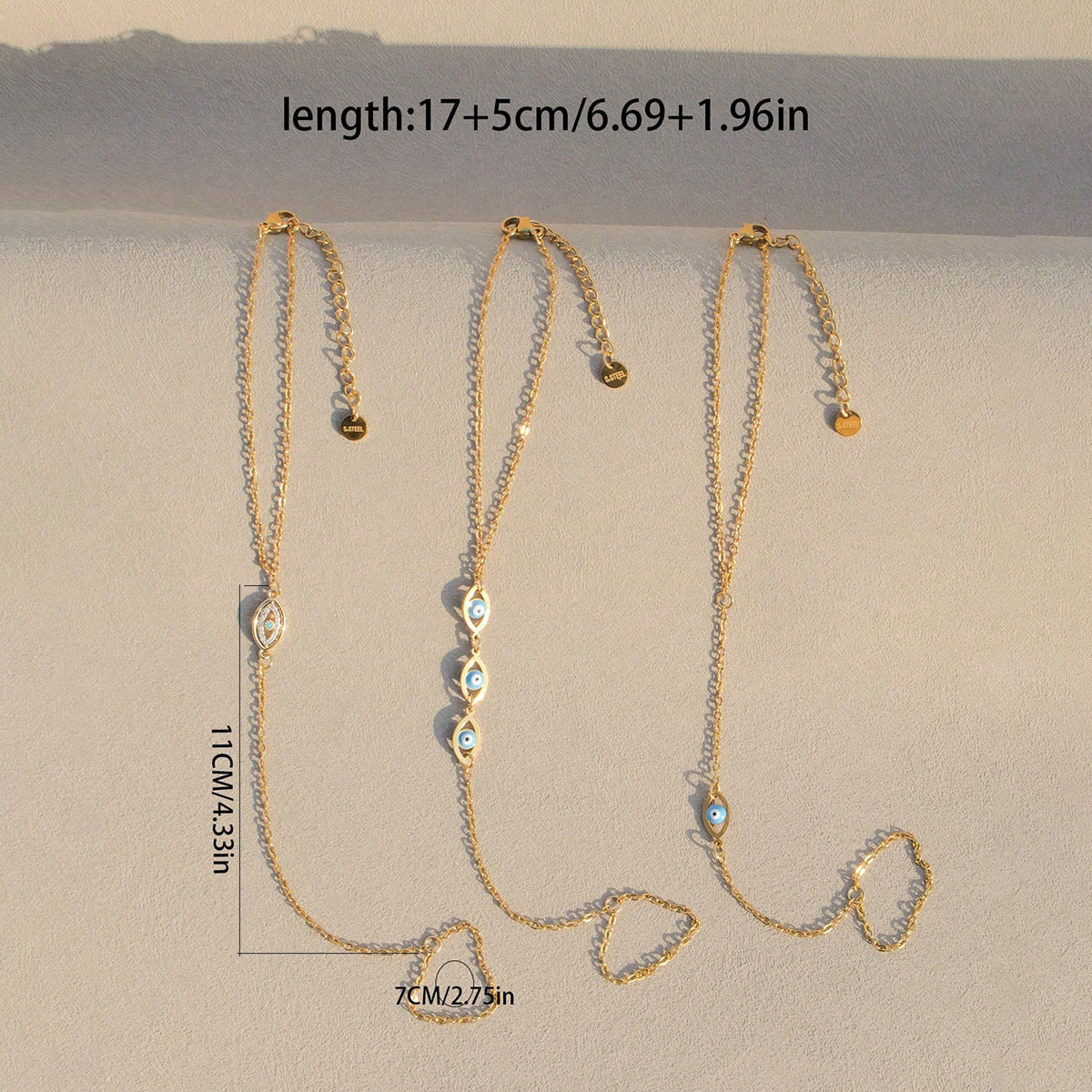 SS-12184 - Three Evil Eye Gold - Hand Chain