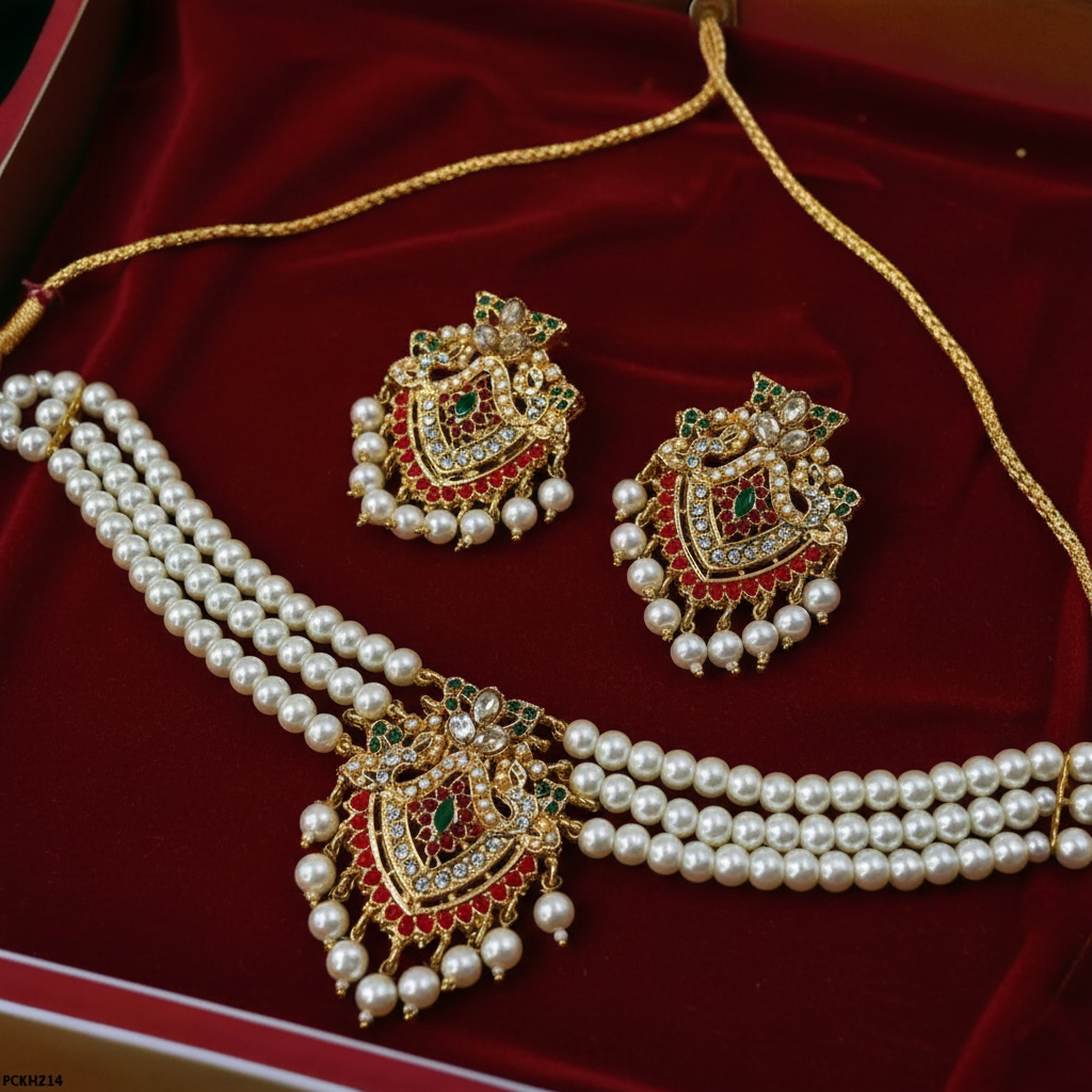PJ-196 - Pearl & Green & Maroon Diamonds - Jewelry Set