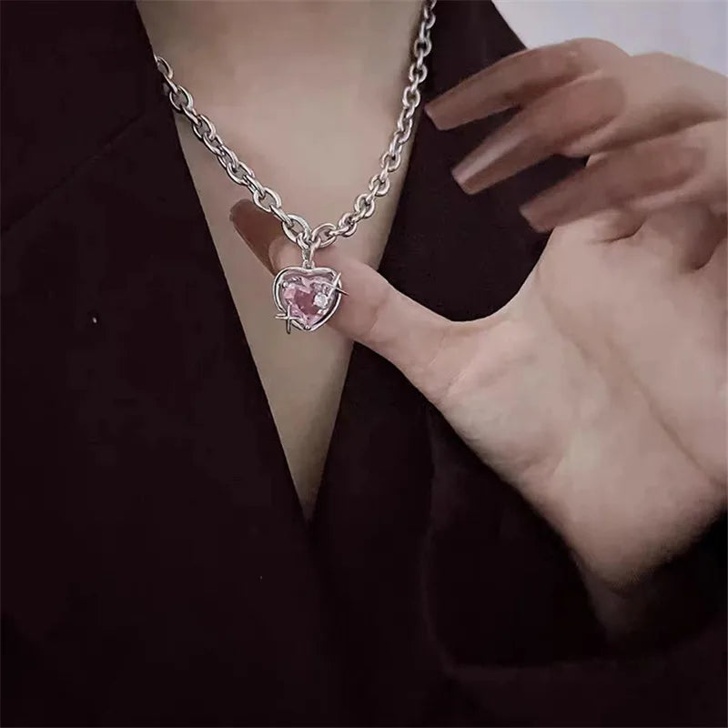 UNI-11212 - Sparkle Pink Heart Stone Silver Chain - Necklace