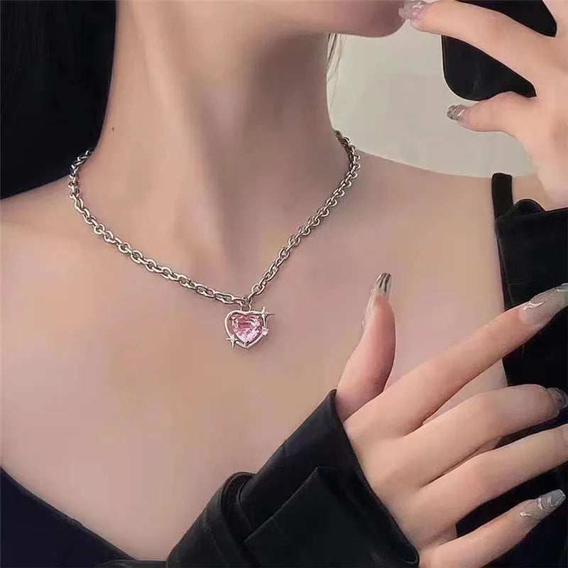 UNI-11212 - Sparkle Pink Heart Stone Silver Chain - Necklace
