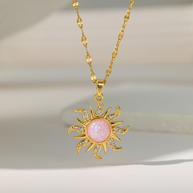 SS-10822 - Gold Sun Pink Stone Twist Chain - Necklace