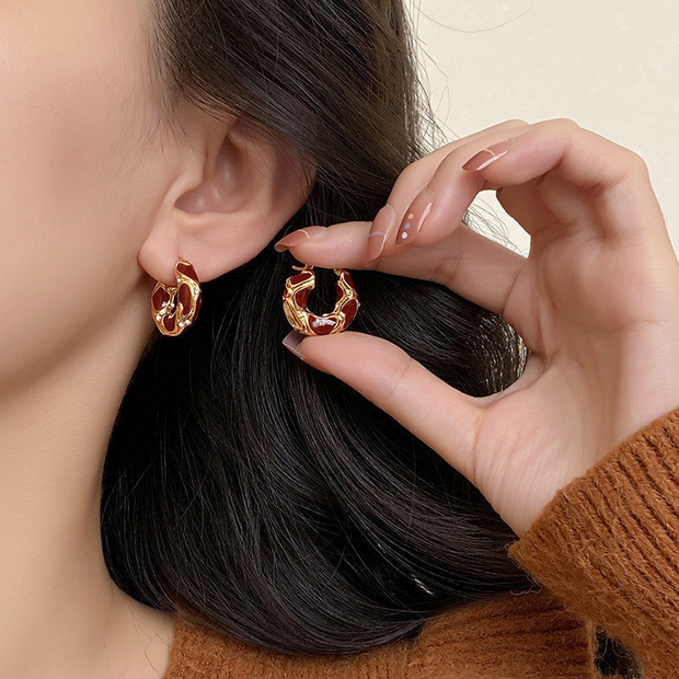 UNI-10843 - Maroon Geometric Gold Foil - Earring