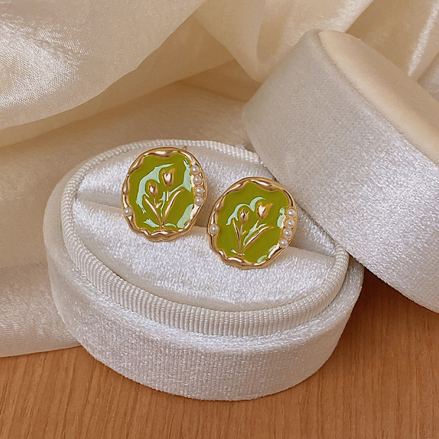 UNI-10908 - Green Tulip Flower Gold - Earring